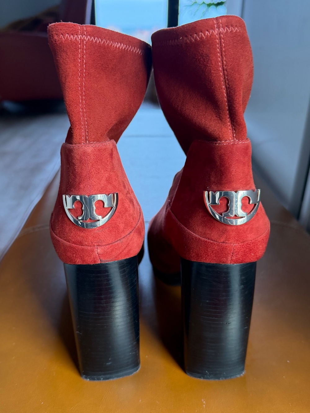 Tory Burch Red Suede Block Heel Ankle Boots with Logo Heel Accent
